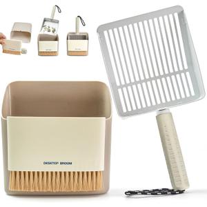 Metal Cat Litter Scooper with Holder, Stainless Steel Metal Litter Scoop Includes Portable Small Broom and Dustpan Set, Speed Sifter Cat Litter Scoop Captures All Clumps, Non-Slip Handle, Easy Clean (White)