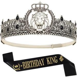 King Crown and Birthday Sash, King Crown for Men,Gold Men's Tiara Prince Diadem,Royal Medieval Cosplay Birthday Prom Halloween Hair Accessories