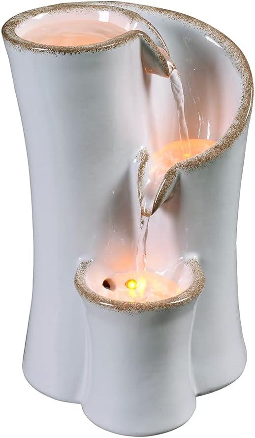 Haobos Indoor Water Fountain Imitation Ceramics Appearance Tabletop Fountain Relaxation Desktop Waterfall w/ 3 Reflective led, 9.8 Inch Tall Fountain (Grey) 