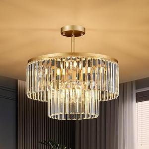 Lighceac 17.7" Gold Semi Flush Mount 2-Tier Crystal Ceiling Light Fixtures for Dining Room Modern Industrial 8-Light Chandeliers Lighting for Bedroom Entryway Hallway Kitchen Island Living Room Foyer - Missing Hardware