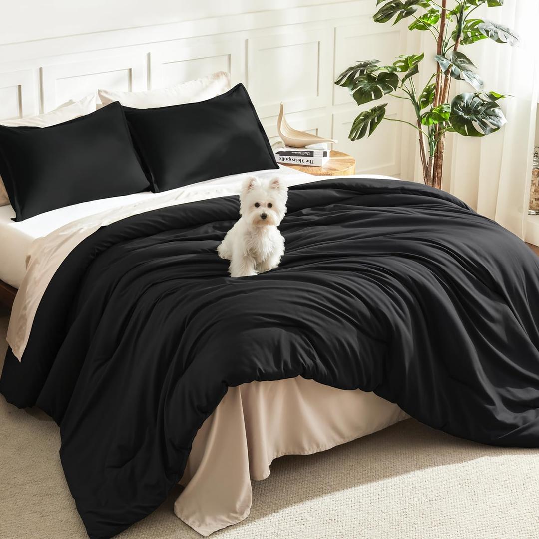 Litanika Black Comforter King Size, 3 Pieces Lightweight Solid Bedding Comforter Set, All Season Fluffy Bed Set (104x90In Comforter & 2 Pillowcases)