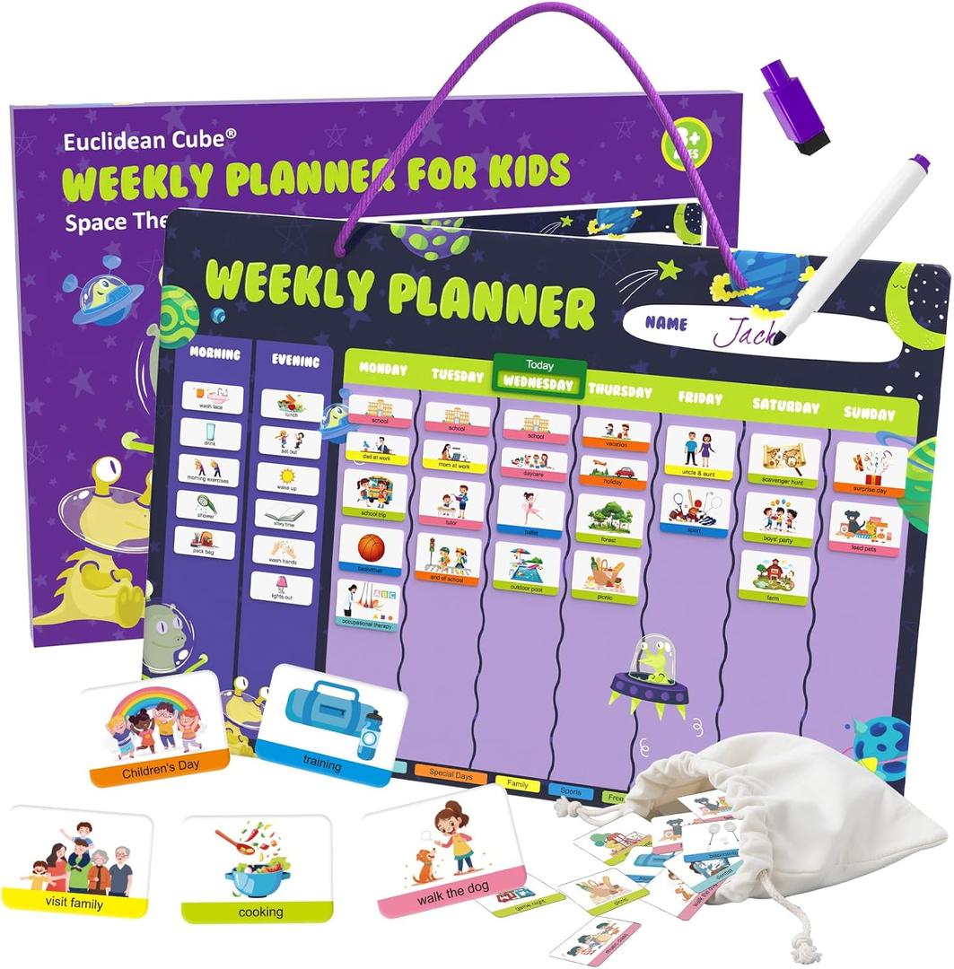 Weekly Planner for Kids - Magnetic Behavior Board Calendar with 237 Magnets, Storage Bag, Cord & Pen - Daily Routine and Chore Chart - Visual Schedule for Kids 3+ Year Old (Space Theme)