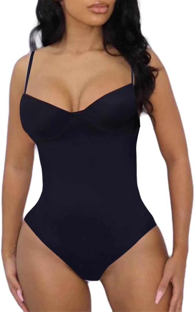 Hilinker Women's V Neck Spaghetti Strap Bodysuit Sexy Sleeveless Camisole Bustier Top (Large, Black)