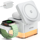 KPON for iPhone Nightstand Charging Station,15W 3 in 1 Wireless Phone Charger Stand with Night Lamp, Travel Foldable Magnetic Cube Magsafe Dock for iPhone 17 16 15 14 13 12 Series/Apple Watch/Airpods (White)