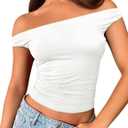 ForeFair Womens Off The Shoulder Tops Going Out Crop Top Slim Fitted Shirts Double Lined Summer Outfits Y2K Cute Tops (White, XS)