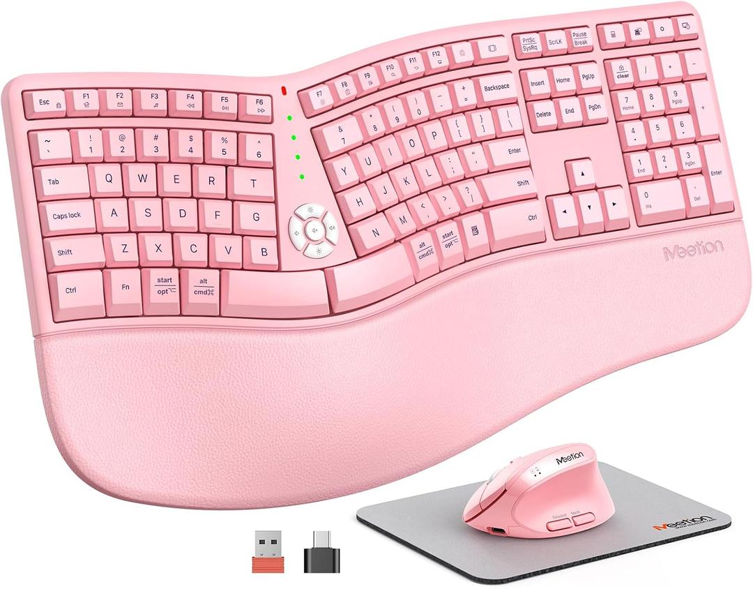 MEETION Ergonomic Keyboard and Mouse Combo, 2.4G Cordless Split Keyboard with Cushioned Palm Rest, Vertical Wireless Mouse, Natural Typing Full Size Keyboard, for Windows/Mac Pink