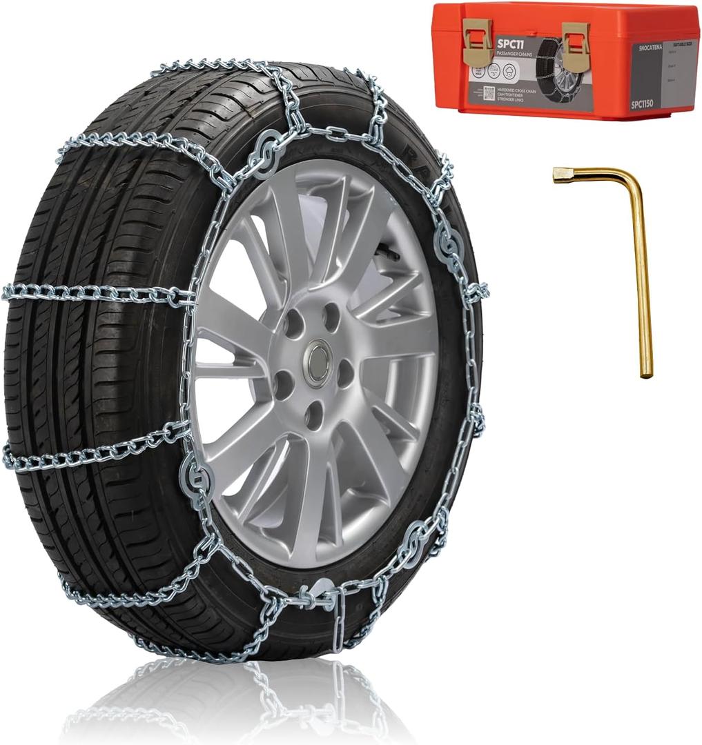 Snow Chains for Car Tires, Tire Chains for Pickups, SUVs, and Light Trucks, Quick Fit & Easy Installation, Reusable CAM Tightener for Emergency Tire Traction, Set of 2 (SPC1134)