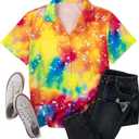 Women Hawaiian Shirt Soft Cool Summer Hawaii Tshirts Beach Tropic Print V Neck Button up Tops Floral Short Sleeve Tops (Medium, Tie Dye Yellow-2)