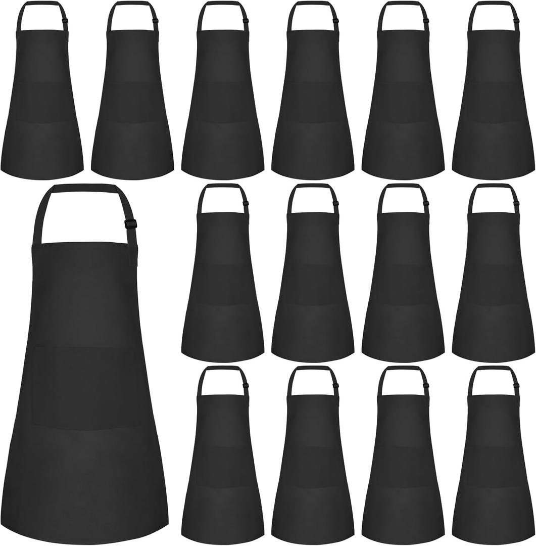 15 Pack Kids Apron Adjustable Children Apron with 2 Pockets Children Chef Painting Aprons for Cooking Baking Painting Crafts Making (Black)