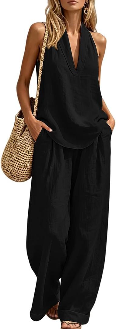 Womens Boho Linen 2 Piece Sets Summer Sleeveless Halter V Neck Tank Top Wide Leg Pants Matching Lounge Outfits 2026 (Black, L)