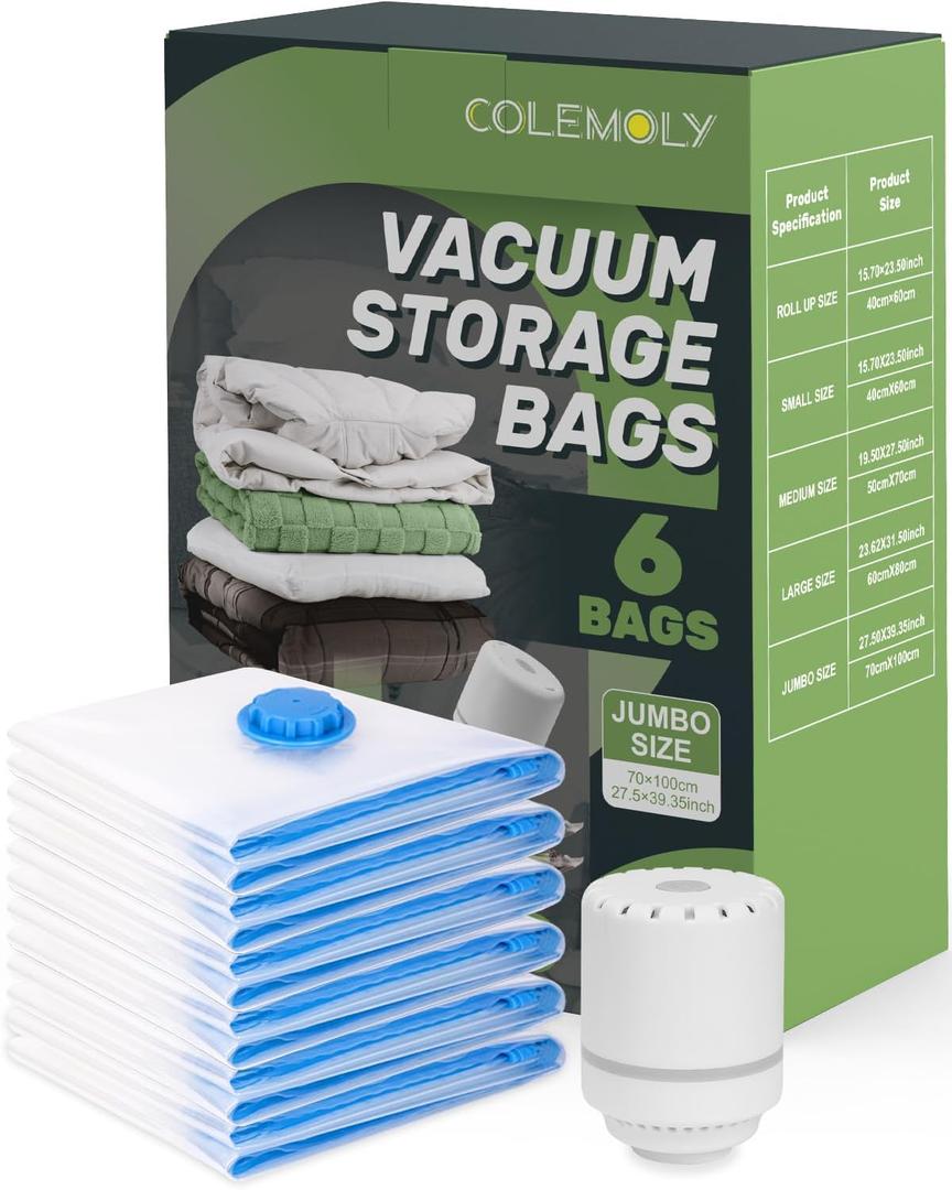 Colemoly Vacuum Storage Bags (6 Jumbo Pack) Space Saver Bags with 1 Electric Air Pump Vacuum Seal Bags Compression Bags for Clothes Blanket Duvets Pillows Comforters Travel Moving