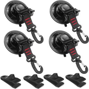 Vashly Heavy Duty Suction Cup Anchor 4pcs Strong Suction Cups with Hooks and 4pcs Tarp Clips Deavy Duty Lock Grip for Tie Down Car Awning Boat Camping Trap