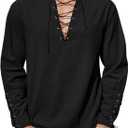 Runcati Mens Medieval Pirate Shirt Steampunk Renaissance Viking Retro Long Sleeve Lace Up Mercenary Halloween Costume Tops (Medium, Black)