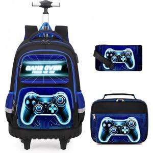 Bevalsa Rolling Backpack for Boys, 3PCS Gamer Roller School Backpacks with Lunch Box & Pen Case, Kids Bookbag Schoolbag with Wheels for Teen Boy Kindergarten Elementary Middle School
