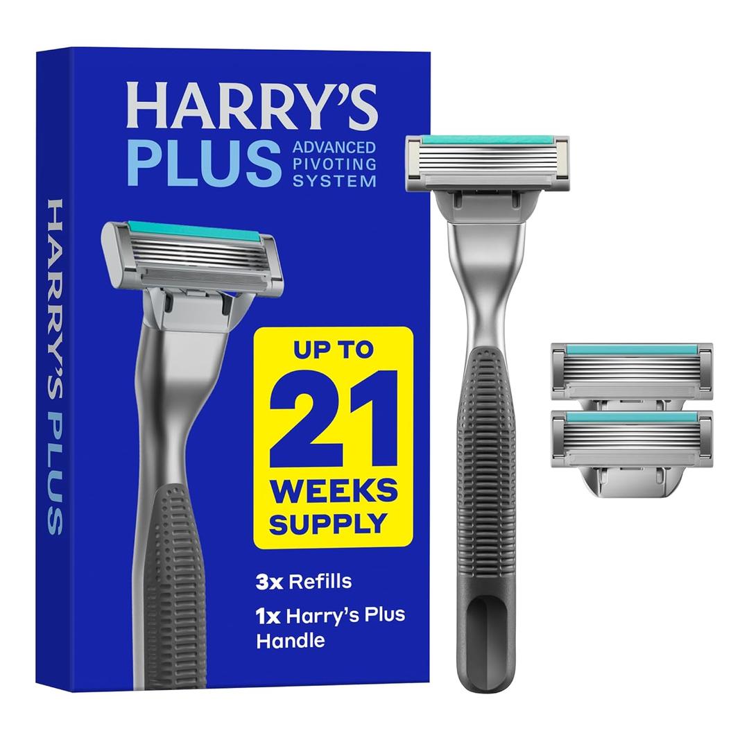 Harry's Plus Razor Shaving Kit for Men - Premium Handle and 3 Razor Blade Cartridges - Advanced Pivoting System - Onyx