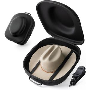Cowboy Hat Travel Case  Crushproof Carrier for Cowboy, Panama & Tweed Hats with Carrying Handle, Shoulder and Luggage Strap, For Travel and At-Home Storage (Large) (Black)