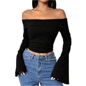 SOLY HUX Women's Long Bell Sleeve Crop Top Off The Shoulder Going Out Tops Sexy Y2K Fitted Tee Shirts (Medium, Pure Black)