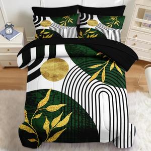 Nesker Comforter Set Queen Size, Green Boho Golden Leaves 7 Pcs Bedding for Kids and Adults, Mid Century Abstract Bed Sheet Sets with Fitted Sheet 2 Pillowcases & 2 Shams
