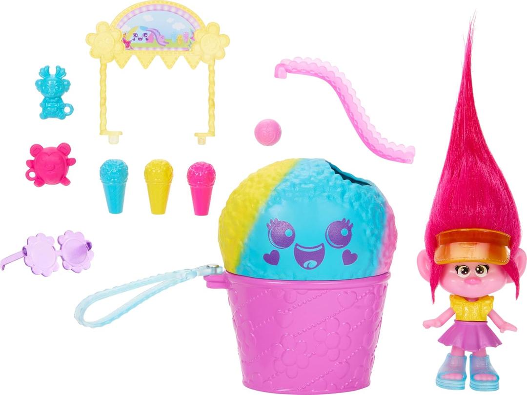 Mattel DreamWorks Trolls Fun Fair Surprise FairFest Small Doll & 10 Accessories, Carnival Food Popcorn Theme with Queen Poppy