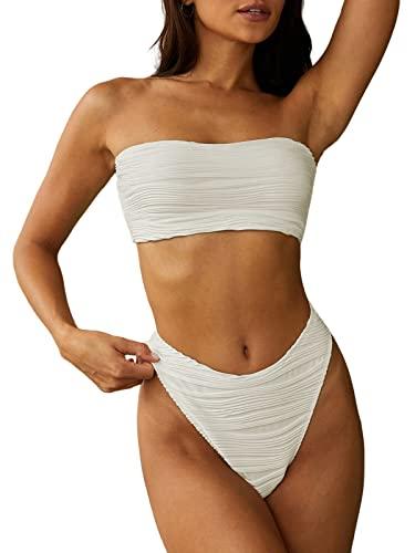ZAFUL Women Strapless Textured Bandeau Bikini 2 Piece Swimwear Cheeky Solid Lace up Bathing Suits(1-White-CH,S) White S