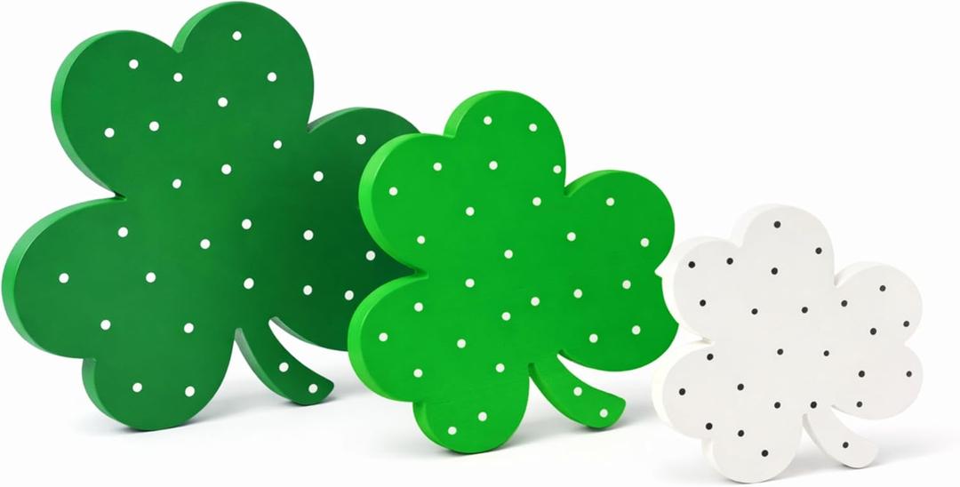 4E's Novelty 3 Pack St Patricks Day Wooden Shamrocks Decor - Freestanding Green Wooden Shamrocks for Tiered Tray, Saint Pattys Day Table Decorations Centerpieces, Desk Home Decor