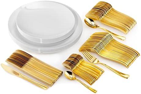 Trendables Disposable Plastic Plate Set with Cutlery - Silverware Set Includes 40 Plastic Plates, Forks, Spoons, Knives, Dessert Spoons