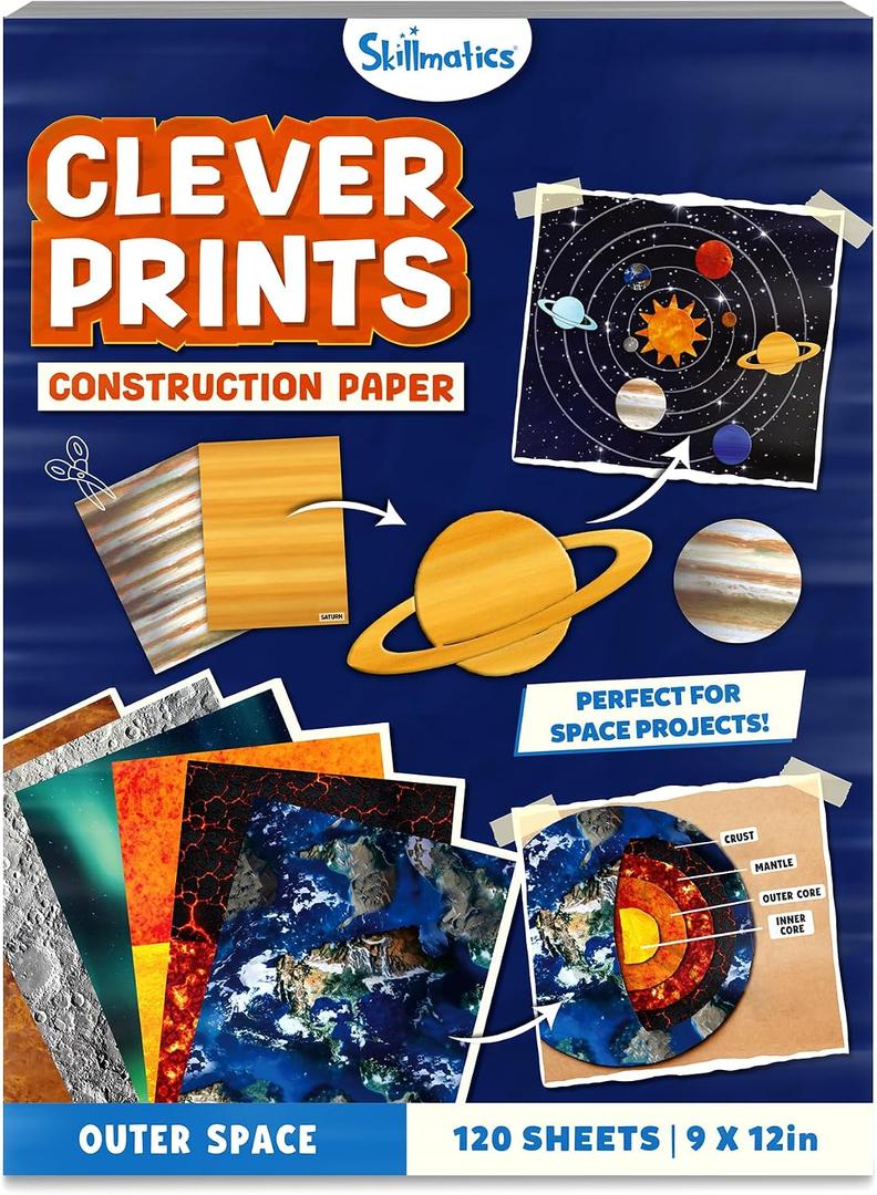 Skillmatics Space Construction Paper for Kids - 120 Double-Sided Printed Sheets (9x12), Patterned Craft Paper for Art Projects, STEM Activities, DIY Crafts, Scrapbooking & School Supplies