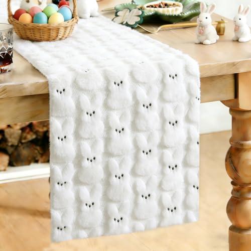 Heirloom Haven Easter Rabbit Table Runner 13x72 Inch, White Soft Plush Faux Fur Jacquard Embroidery Seasonal Holiday Kitchen Dining Tabletop Runners for Home Indoor Decoration