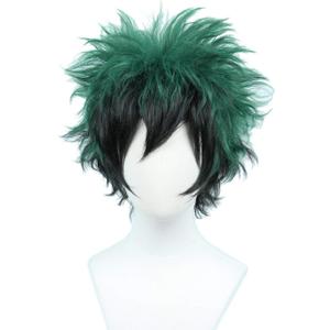 Linfairy Anime Cosplay Wig Short Black Green Halloween Costume Curly Wig