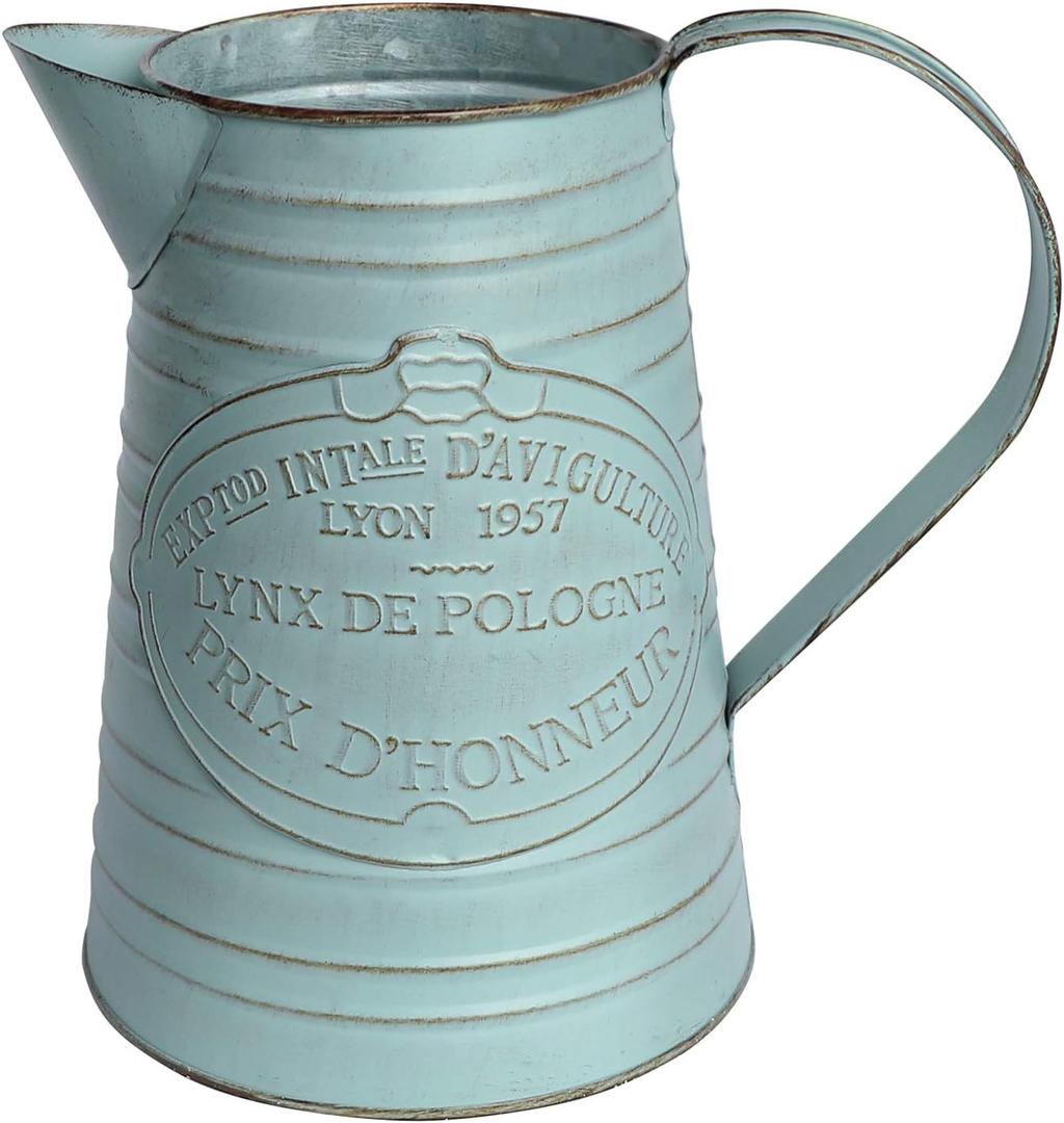 APSOONSELL Shabby Chic Metal Jug Vase Pitcher Flower Holder for Home Decoration (Blue-large)