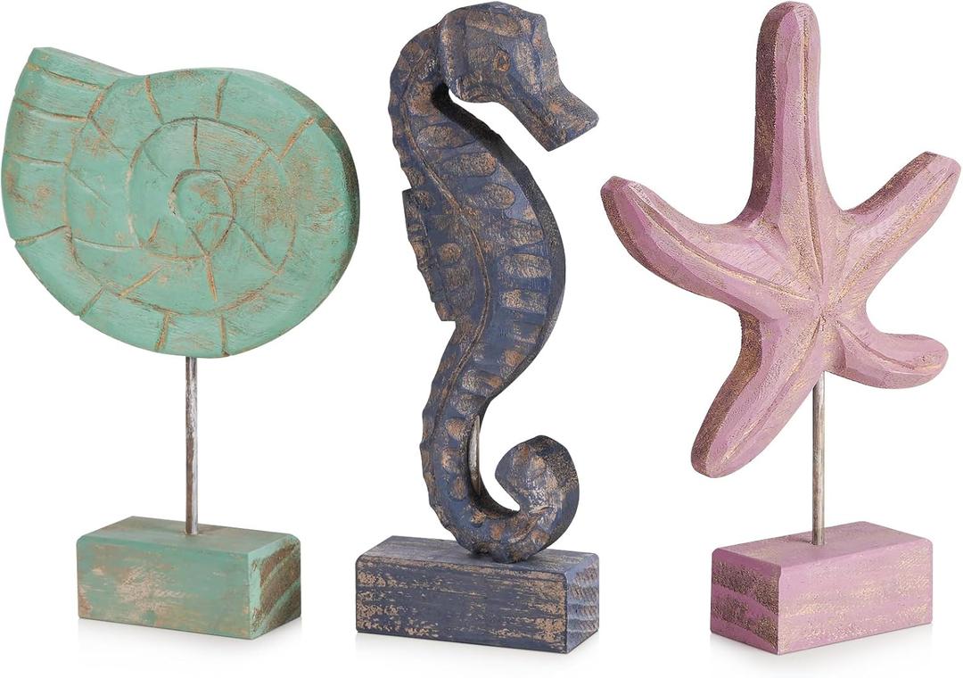3pcs Wood Handmade Beach Nautical Style Figurines Starfish/Conch/Seahorse Statue Home Decor (Multicolor)