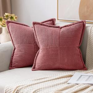 MIULEE Corduroy Pillow Covers with Splicing Set of 2 Super Soft Couch Pillow Covers triped Decorative Spring Throw Pillows for Valentine's Day Cushion Bed Livingroom 18x18 inch, Cranberry Red