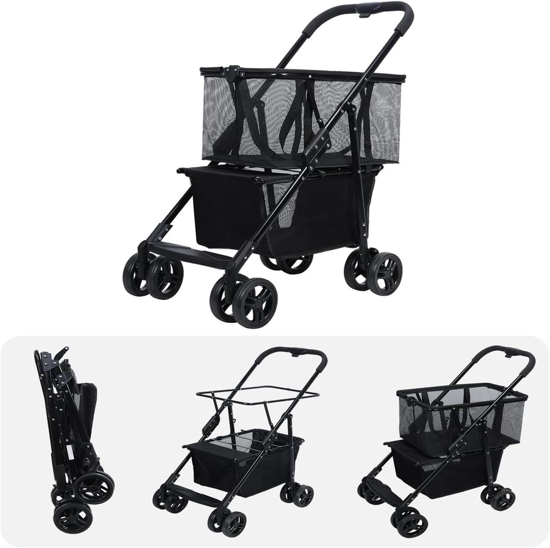 Multifunctional Folding Shopping Cart Foldable Double-Decker Foldable Personal Shopping Cart, Pet Stroller Detachable Carry Bag with Wheels (1 Set, Black)