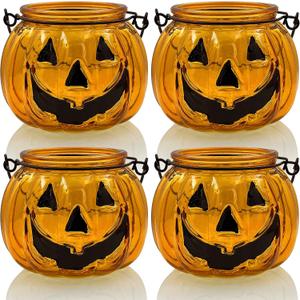 Halloween Candle Holders Set of 4, SHMILMH Tealight Votive Candle Holders with Grimace, Metal Hanging Pumpkin Lantern Decorative Halloween Table Centerpiece Orange