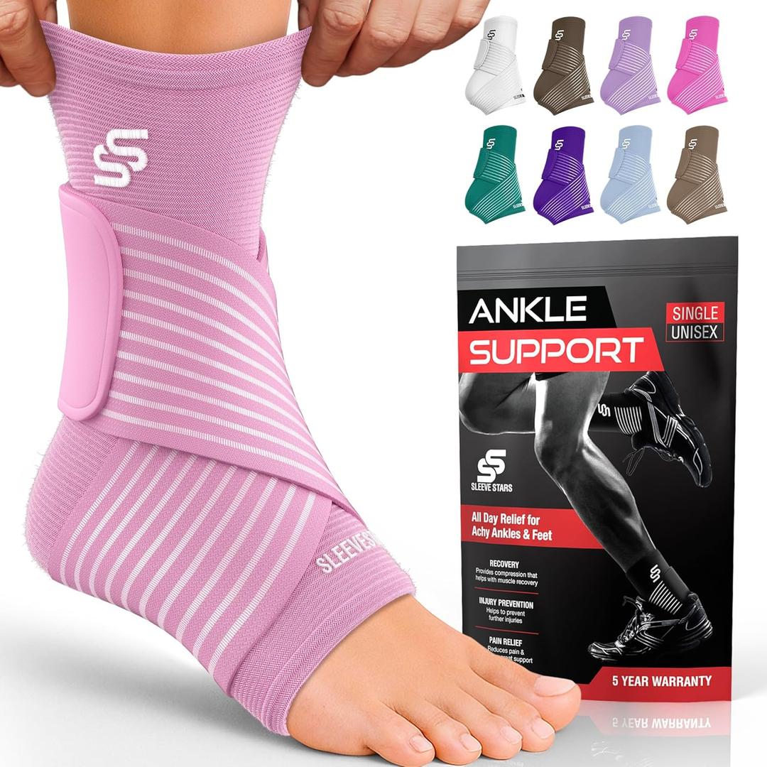 Sleeve Stars Ankle Brace for Women & Men, Ankle Wrap for Sprained Ankle, Compression Sleeve for Plantar Fasciitis Relief, Easy Customizable Support: w/ Removable Strap (Single/M:10"-12"/Baby Pink)