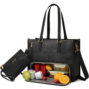 LOVEVOOK Lunch Tote Bag for Women, 15.6 Inch Laptop Bag with Insulated Lunch Compartment, Quilted Large Capacity Computer Handbag with Purse for Business, Work, Collage, Office, Casual, Jet Black