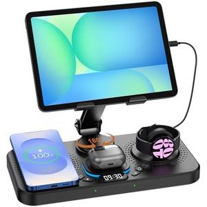 30W Tablet Wireless Charger for Samsung, Foldable Android Charging Station with Clock Display with 7-Color Light, Wireless Watch Charger for S25, Only Compatible Samsung Watch,Galaxy Buds3 Pro(Black