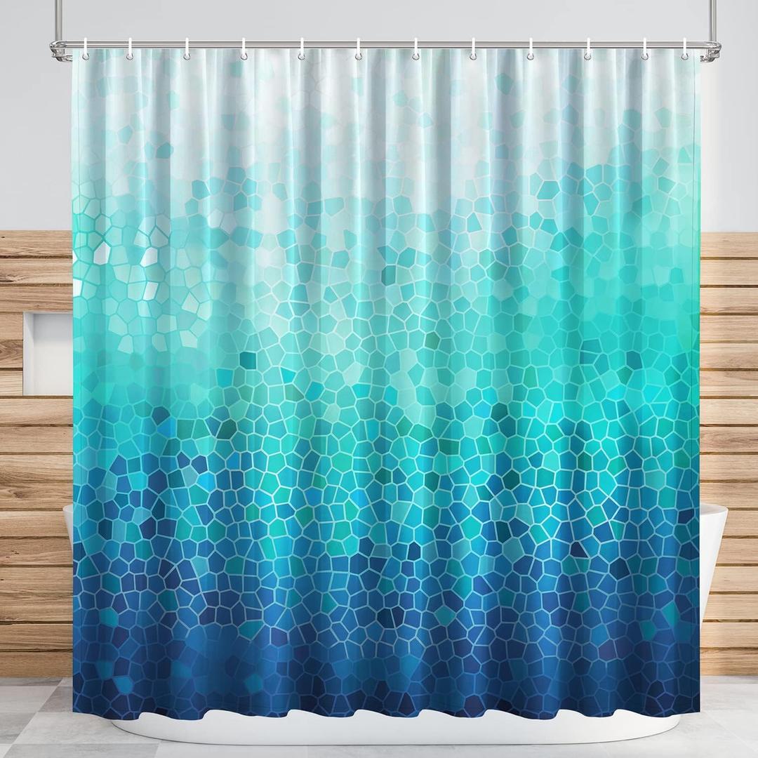 Ombre Blue Shower Curtain, Modern Geometric Shower Curtain for Bathroom with 12 Hooks Polyester Fabric Waterproof Shower Curtains Sets Machine Washable Decor Bath Curtain
