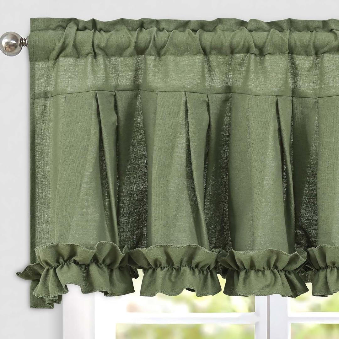 Likiyol Linen Valances for Windows Farmhouse Window Valances with Ruffle Rustic Country Light Filtering Kitchen Valance Curtains Rod Pocket Valance for Bathroom Cafe, Green, 52" W X 18" L