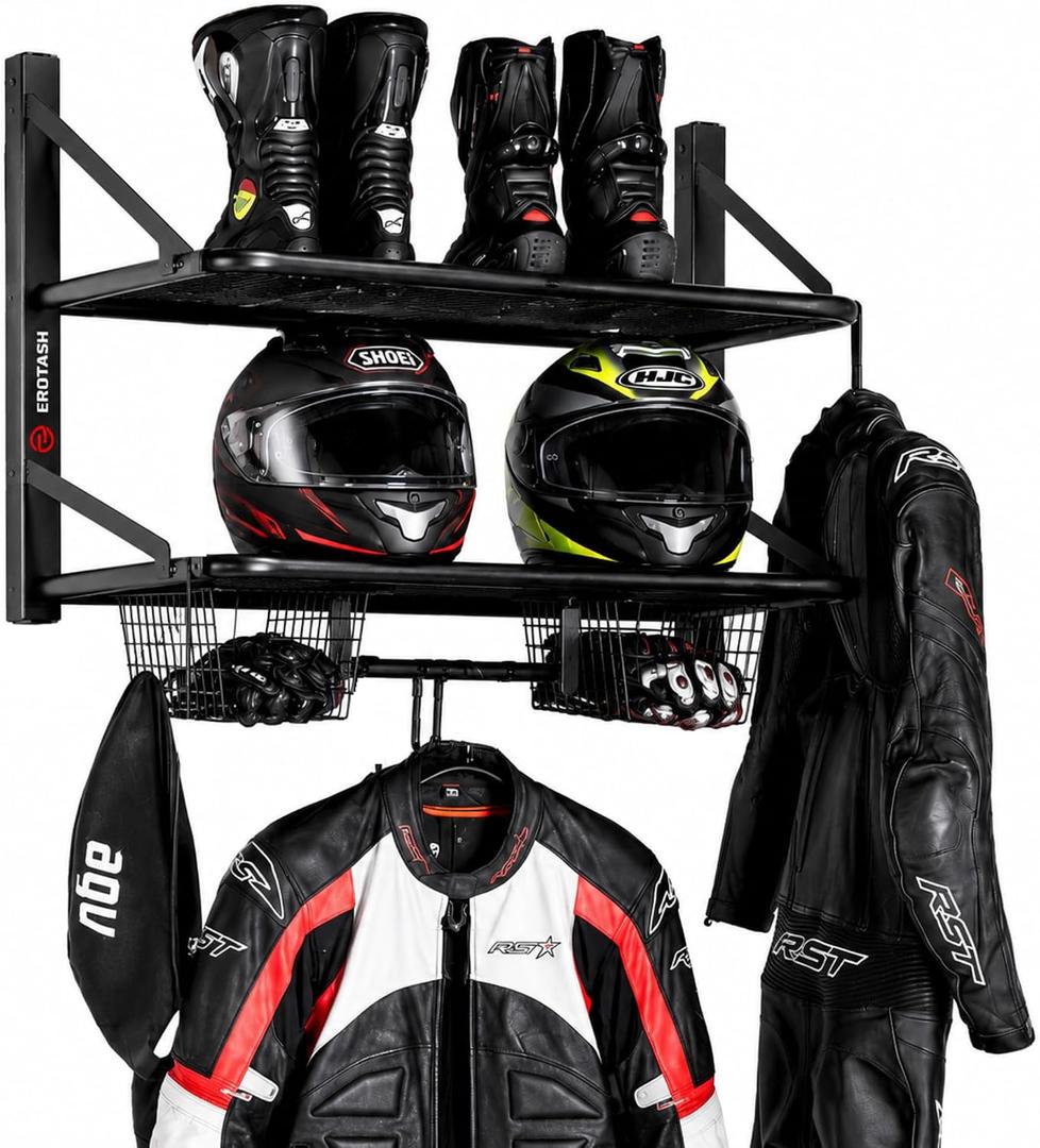 Motorcycle Helmet Wall Mount, 2-Tier Helmet Holder Wall Mount with Shelf & Baskets, Motorcycle Gear Rack Storage for Jackets, Gloves, Keys and Riding Accessories