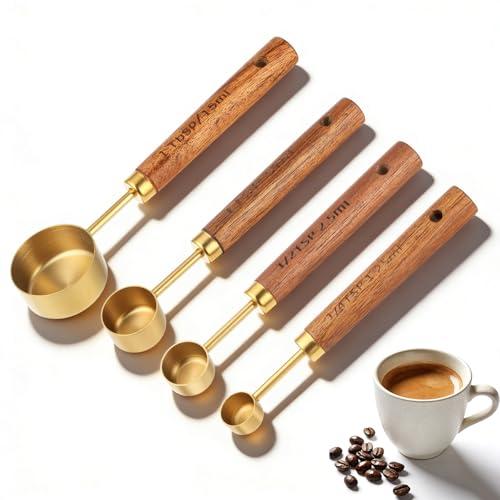 Gold Measuring Spoons Set of 3, Stainless Steel Coffee Measuring Scoop with Wooden Handles Teaspoon Measuring Cups for Coffee Tea Spices Cooking Baking