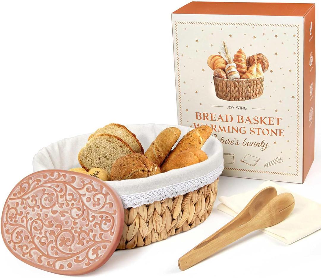 Bread Warmer Basket with Stone - Large Bread Baskets for Serving/House Warming Gifts New Home for Men/Kitchen Gifts for Bakers Hostess