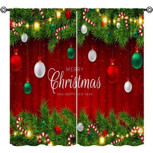 Red Merry Christmas Curtains Xmas Winter Snowflake Star Pine Tree Colourful Ball Art Printed Rod Pocket Blackout Window Drapes for Living Room Bedroom Kitchen Cafe Decor W21xL45inx2 Decor