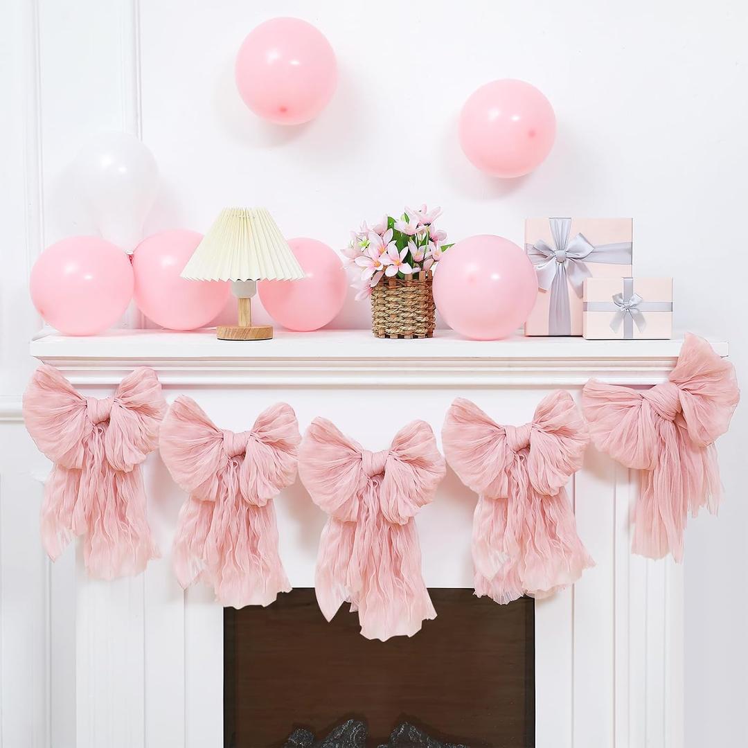 VitalCozy Pink Bow Garland Banner for Coquette Birthday Pink Bow Party Hanging Swirls Decorations for Baby Shower Bridal Shower Bachelorette Party Decor