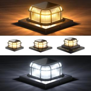 Solar Post Light 4 Packs with Two Light Modes, Includes 4x4, 5x5 and 6x6 Base for Vinyl/Wooden Posts, Bright 16 LEDs Cap Lights Decorate Deck, Patio, Porch, Fence (Black)