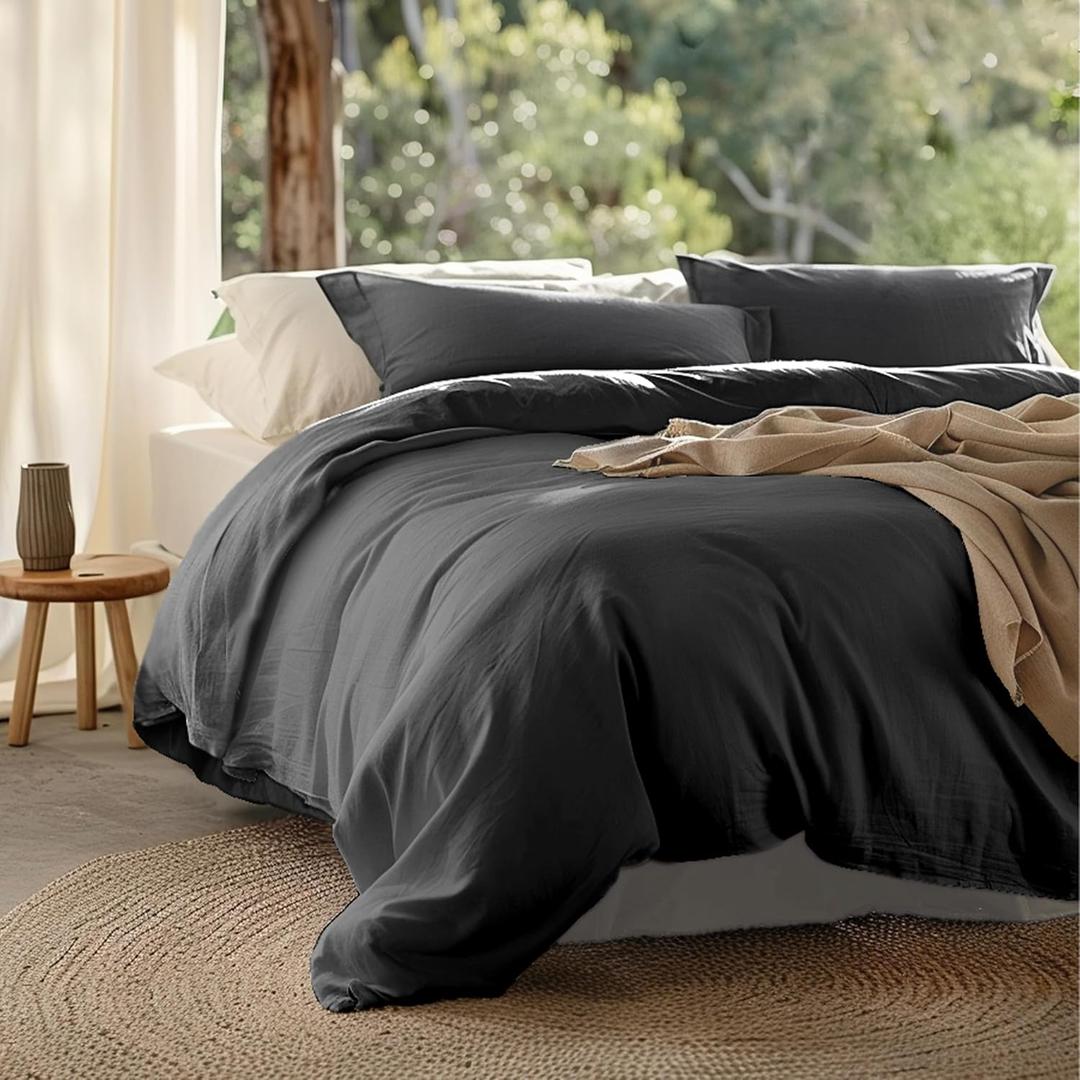 Double Stitch Cashmere Cotton Duvet Cover Set - Mongolian Cashmere and Pima Cotton Blend Bedding, Luxury Warm Duvet Cover Queen Size, with Button Closure, Ash Black, 90" x 90"