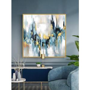 Large Blue and Gold Abstract Wall Art for Office. Hand-Painted Abstract Oil Painting for Living Room. Framed Blue Wall Painting Contemporary for Bedroom Home Decoration Ready to Hand 40x40inches