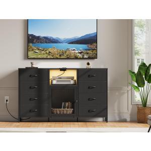 - Dresser TV Stand for Bedroom for TV with LED Lights and Charging Station, Fabric Chest of Drawers, 8 Fabric Drawers, Wood Top, Living Room, Closet Black