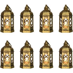 8-Pack Mini Lanterns with Flickering LED Candles for Ramadan, Small Decorative Hanging Lanterns for Halloween, Christmas, Wedding, Gold Lantern for Table Centerpiece, Garden Party Decor
