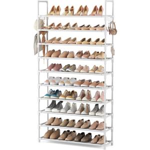 VTRIN 10 Tiers Shoe Rack Tall Large Capacity 50 Pairs Wide Shoe Organizer Sturdy Shoe Shelf for Entryway with Two Hooks Metal Shoe Storage for Closet, Bedroom, White, XJ-113